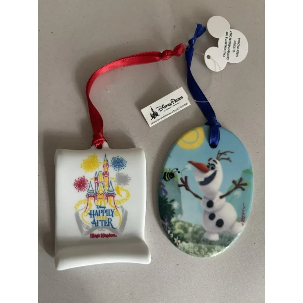 Lot Of 2 Disney Frozen Olaf & Happily Ever After Porcelain Ornament NEW Holiday